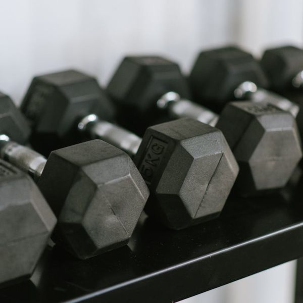 Set of heavy black dumbbells on a metal rack